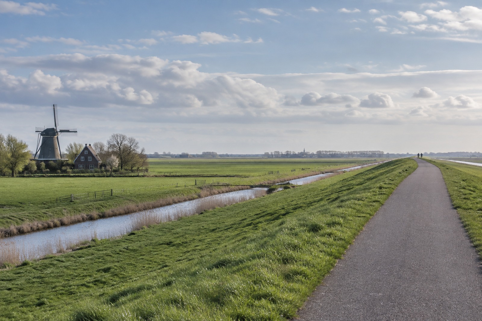 Fiets tegen een groene dijk met uitzicht over de polders