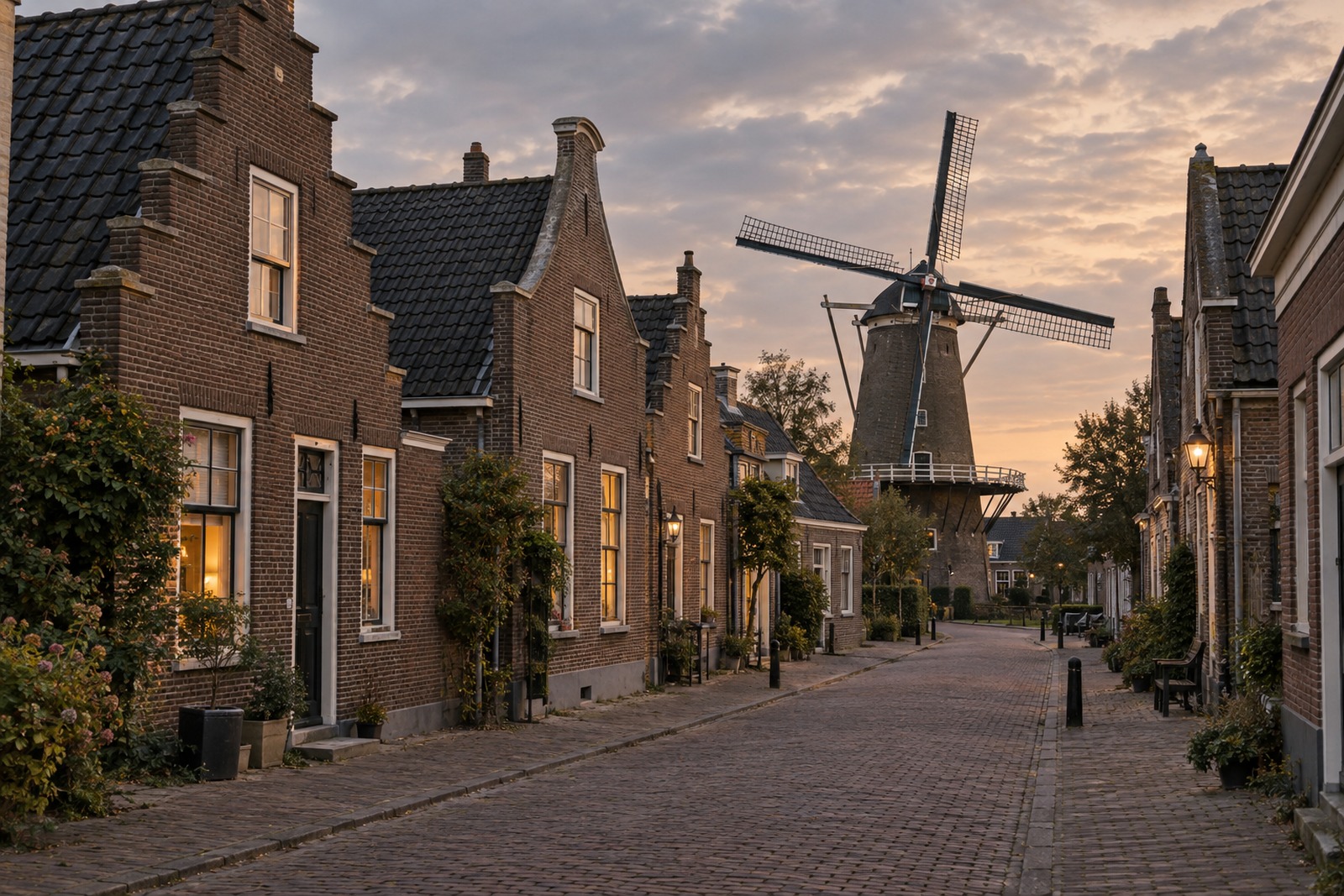 Dorpsstraat met rode bakstenen huizen en op de achtergrond een windmolen